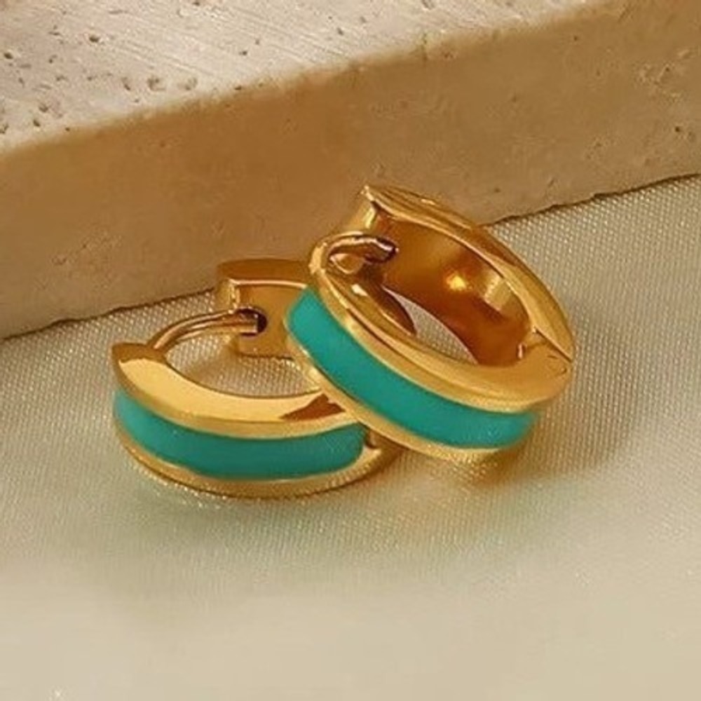 18K Gold Plated Stainless Steel‎ Huggie Hoop Earrings Turquoise Inlay